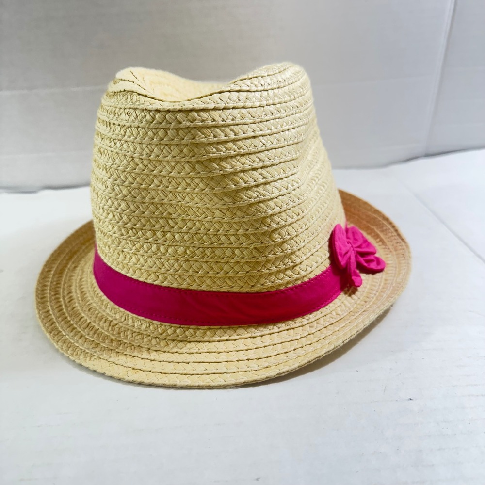Y2K Chic Gymboree Girls Straw Fedora Hat‎ Pink Bow Tan Paper Sun Hat Size L BOHO